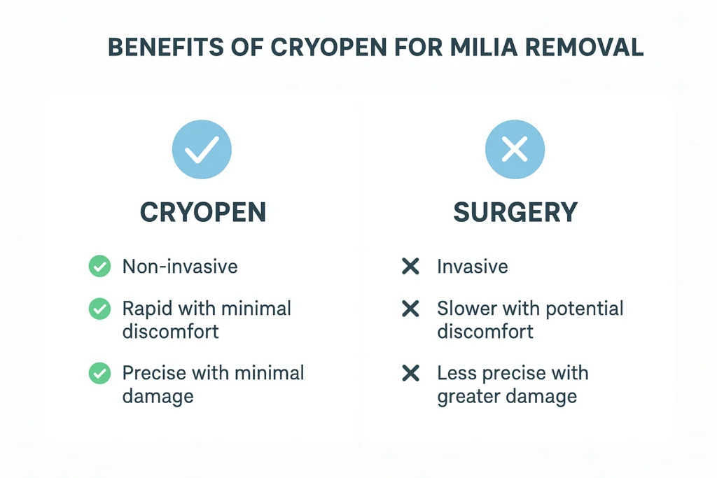 Benefits of cryopen for milia removal Salford compared to surgical treatments.