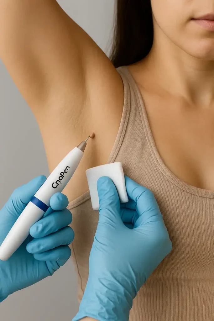 woman having cryopen to remove underarm skin tags Salford