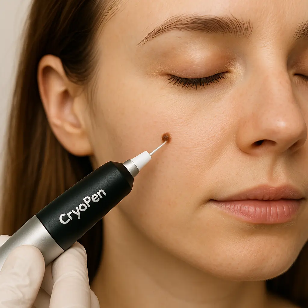 woman receiving facial mole removal Salford using cryopen