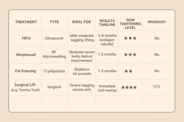 Table showing the comparisons of Skin tightening Salford treatment options.